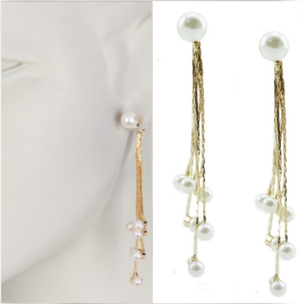 Pearl Dangle Tassel Earrings 18k Gold Plated